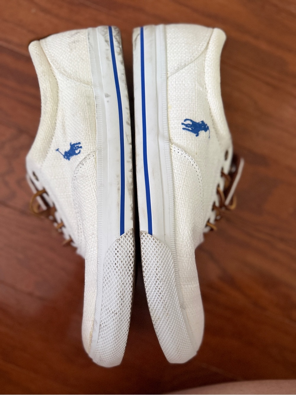 Polo by Ralph Lauren White Canvas Sneakers with Brown Trim and Blue Logo - Picture 6 of 6